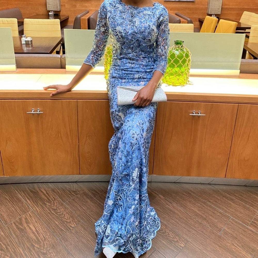 Elegant Blue Floral Embroidered Dress (Custom)